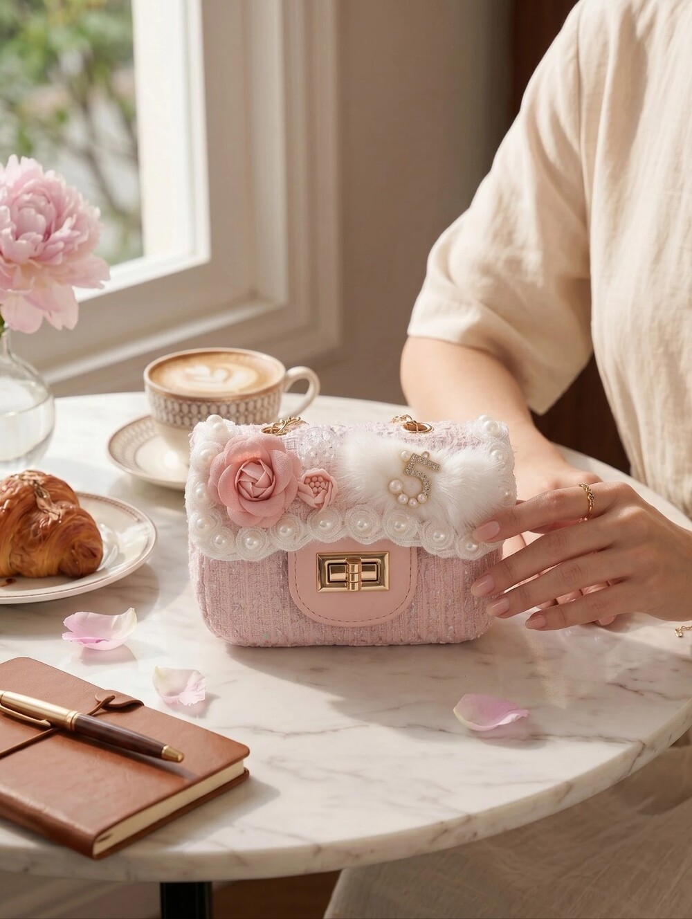 Pink Floral Accent Tweed Mini Shoulder/Crossbody Mini Bag